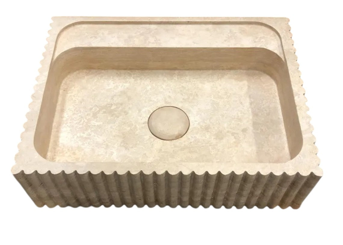 Beige Travertine Rectangular Wall-mount Bathroom Sink Fluted (W)20