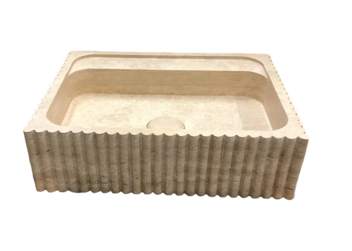 Beige Travertine Rectangular Wall-mount Bathroom Sink Fluted (W)20