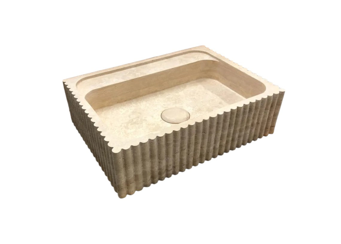 Beige Travertine Rectangular Wall-mount Bathroom Sink Fluted (W)20