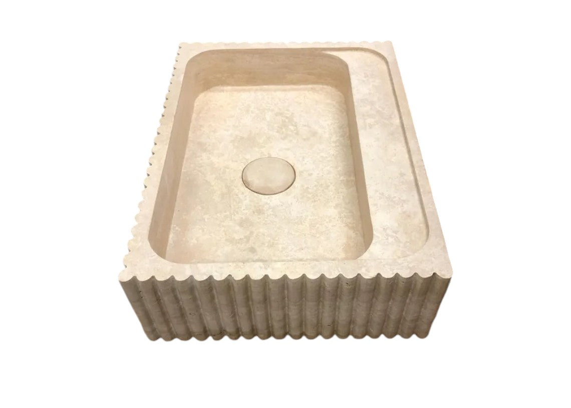 Beige Travertine Rectangular Wall-mount Bathroom Sink Fluted (W)20