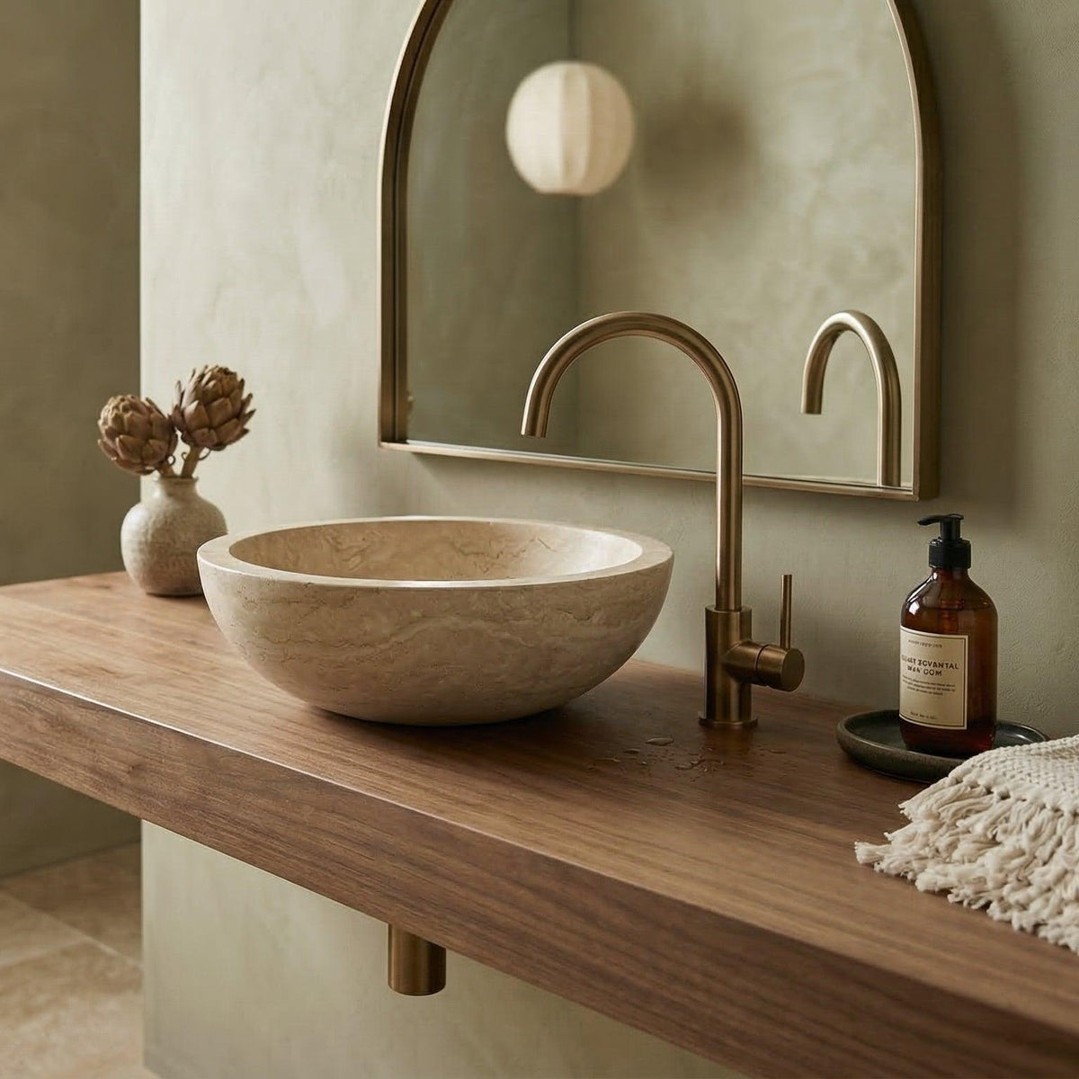 Beige Travertine Natural Stone Vessel Sink - Honed and Filled 16x6