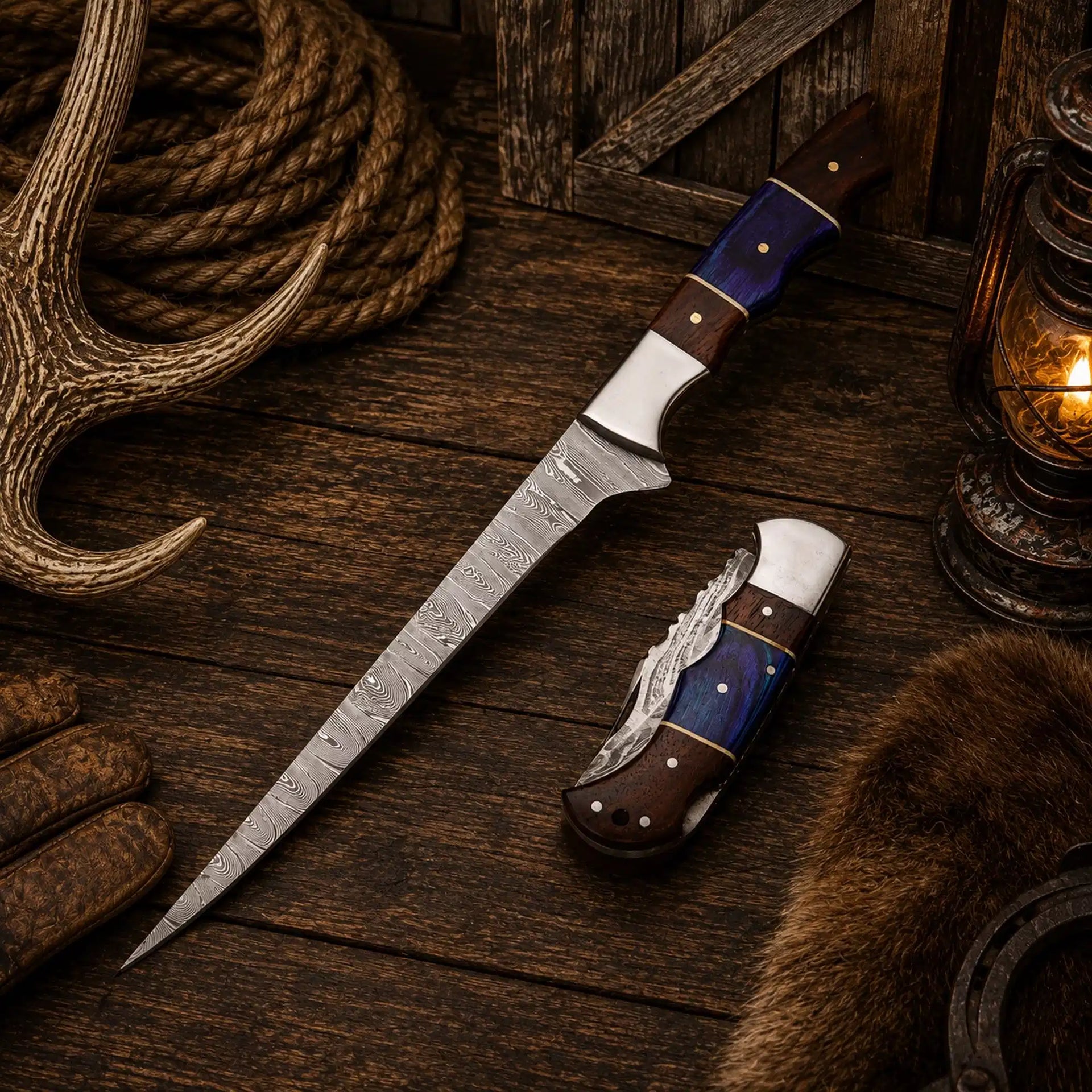 Buy Best Duo Damascus Steel Fillet & Pocket Folding Knife