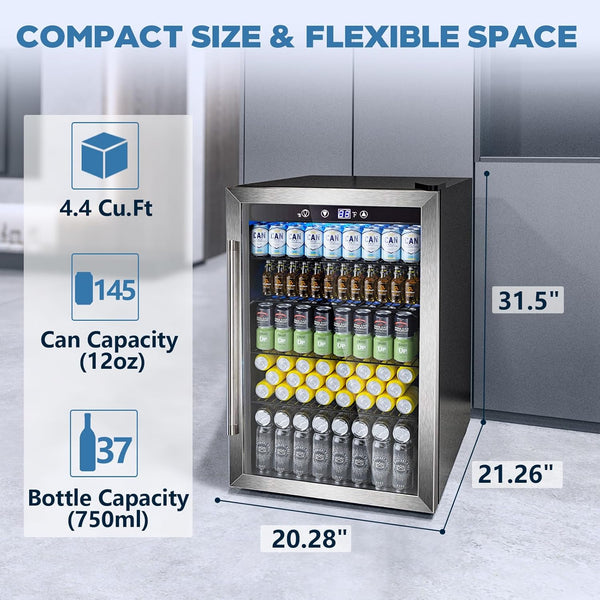 Beverage Refrigerator Cooler 4.4 Cu.Ft,145 Can Mini Fridge with Glass Door W58128SSH Kismile