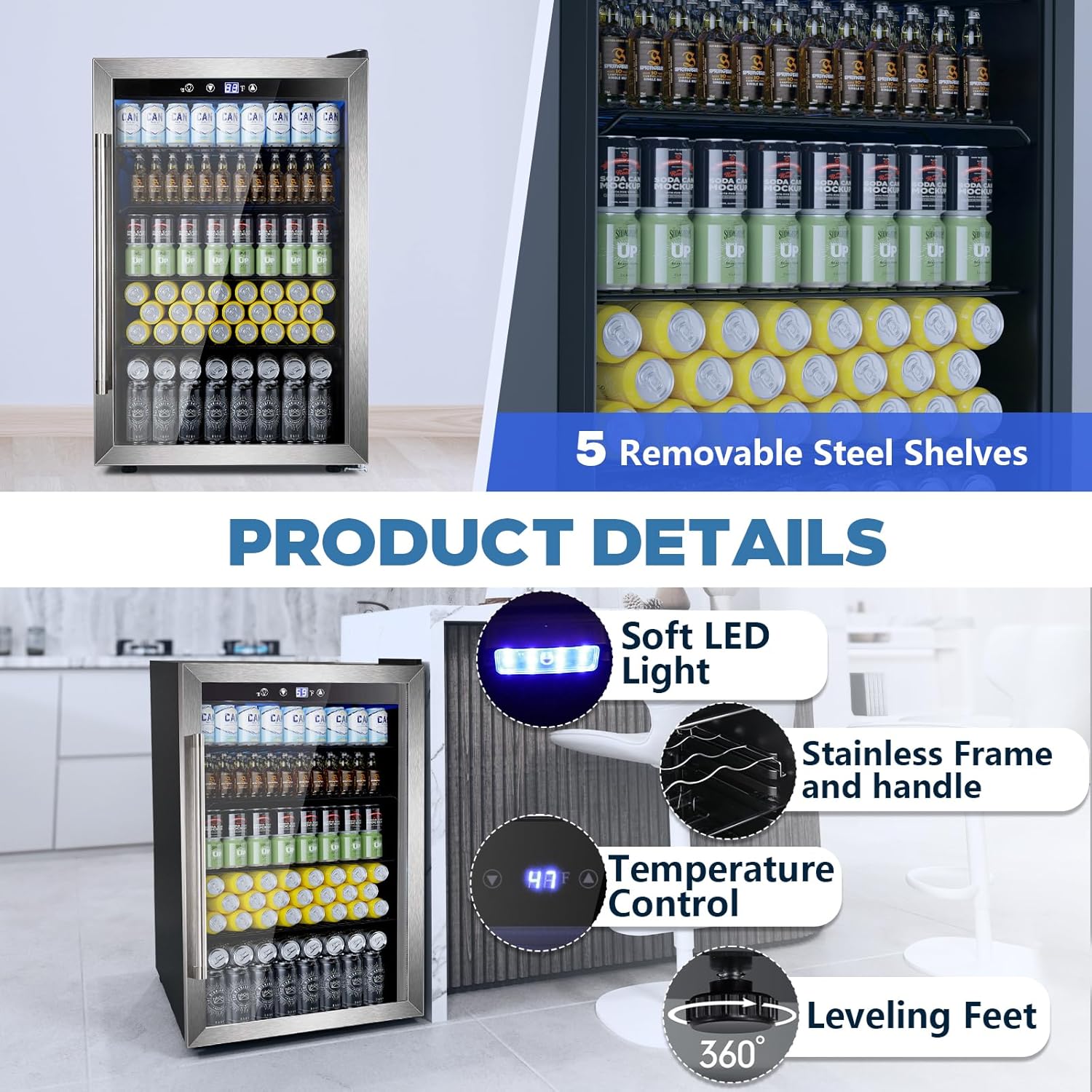 Beverage Refrigerator Cooler 4.4 Cu.Ft,145 Can Mini Fridge with Glass Door W58128SSH Kismile