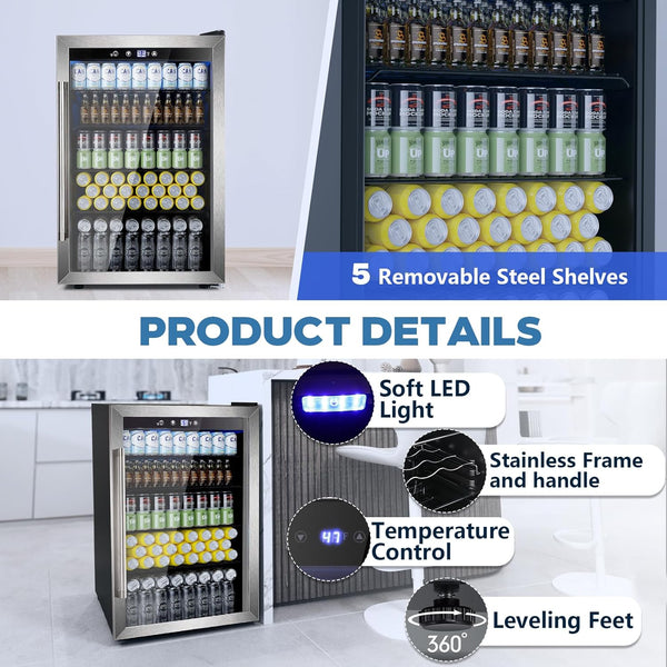 Beverage Refrigerator Cooler 4.4 Cu.Ft,145 Can Mini Fridge with Glass Door W58128SSH Kismile