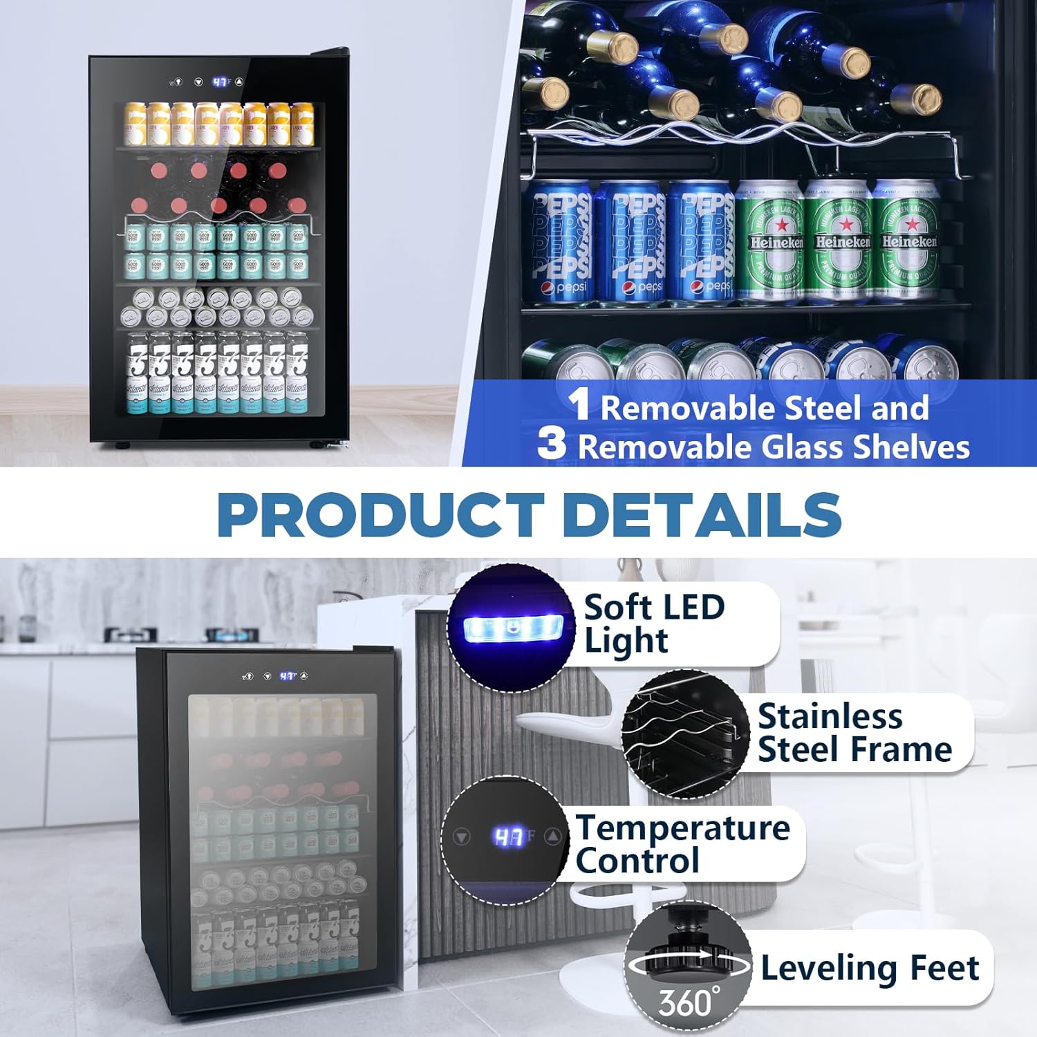 Beverage Refrigerator Cooler 4.5 Cu.Ft,145 Can Mini Fridge with Glass Door W58128BH Kismile