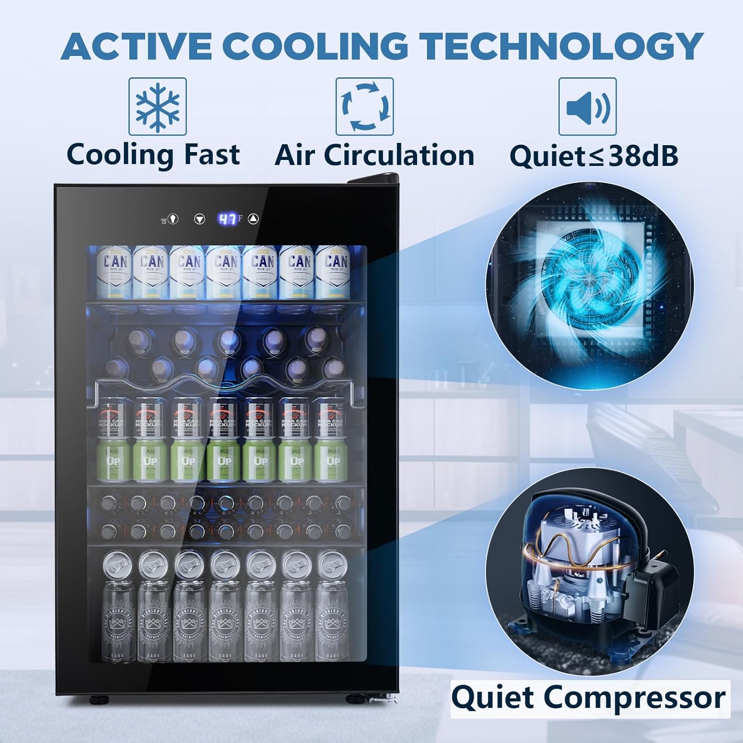 Beverage Refrigerator Cooler 4.5 Cu.Ft,145 Can Mini Fridge with Glass Door W58128BH Kismile