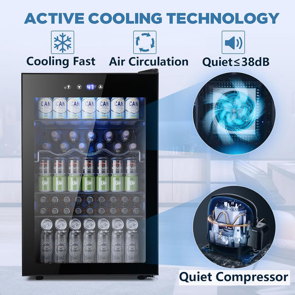 Beverage Refrigerator Cooler 4.5 Cu.Ft,145 Can Mini Fridge with Glass Door W58128BH Kismile