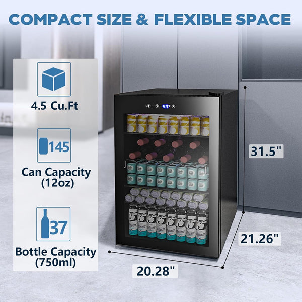 Beverage Refrigerator Cooler 4.5 Cu.Ft,145 Can Mini Fridge with Glass Door W58128BH Kismile