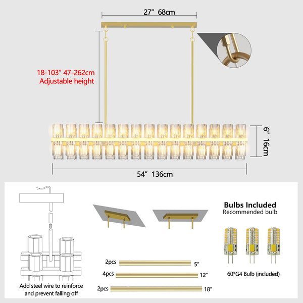Modern Rectangular Crystal Luxury Chandelier for Dining Room & Living Room