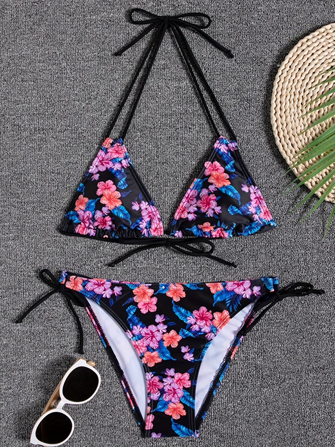 Sunset Bloom 2-Piece Triangle Bikini Set for Women – Vibrant Random Floral Print Halter Neck Swimsuit with Tie-Back Tie-Side Bottoms & High Cut Legs – Women's High-Stretch Swimwear for Summer Beach Escapes