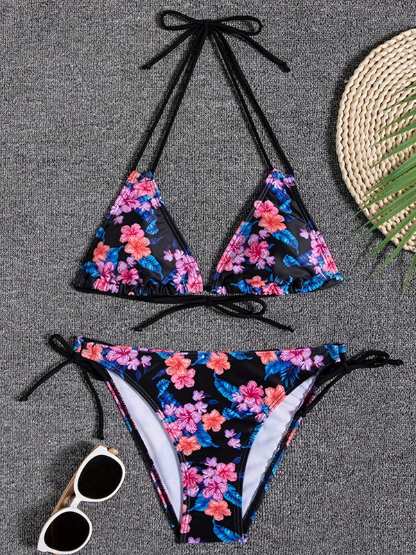 Sunset Bloom 2-Piece Triangle Bikini Set for Women – Vibrant Random Floral Print Halter Neck Swimsuit with Tie-Back Tie-Side Bottoms & High Cut Legs – Women's High-Stretch Swimwear for Summer Beach Escapes