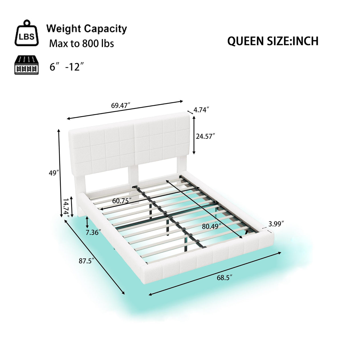 White  Boucle Floating Bed with Light,Queen