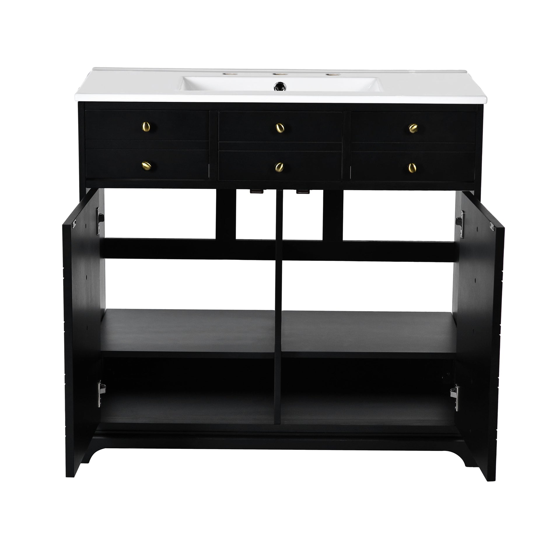 36'' Bathroom Vanity with Ceramic Sink Combo, Solid Wood Frame Bathroom Storage Cabinet, Freestanding Vanity Set with 2 Drawers& Soft Closing Doors, Black