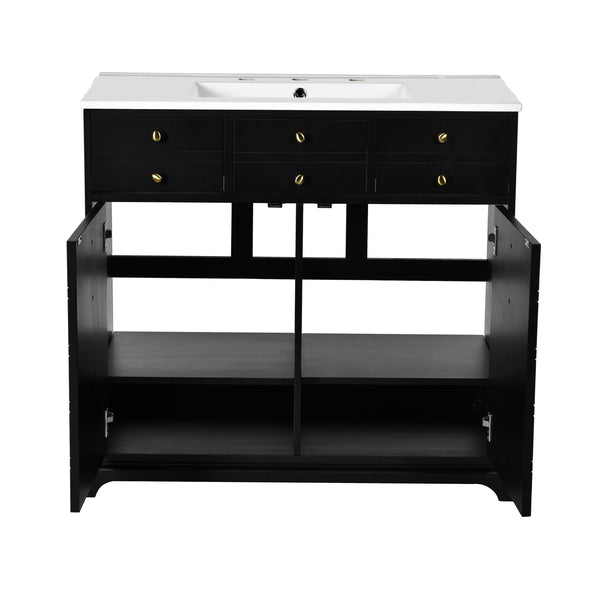 36'' Bathroom Vanity with Ceramic Sink Combo, Solid Wood Frame Bathroom Storage Cabinet, Freestanding Vanity Set with 2 Drawers& Soft Closing Doors, Black