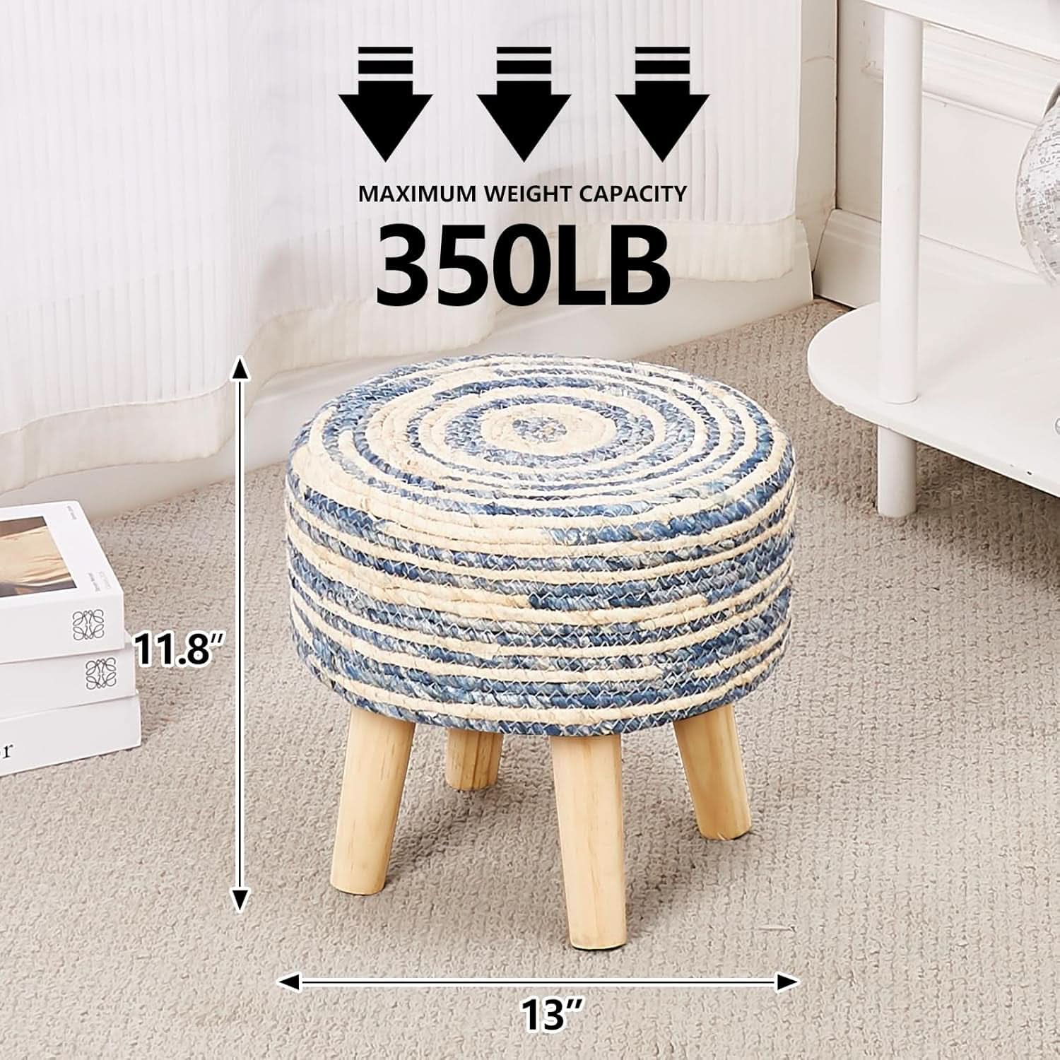 Round Seagrass Ottoman Footstool Handwoven Natural Blue