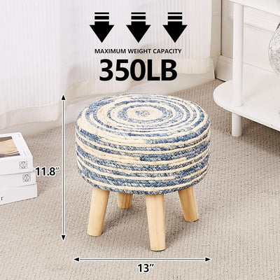 Round Seagrass Ottoman Footstool Handwoven Natural Blue