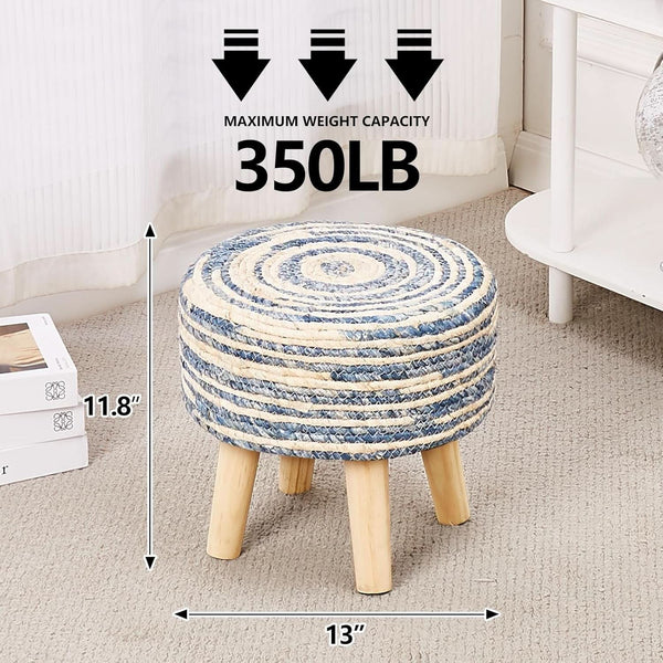 Round Seagrass Ottoman Footstool Handwoven Natural Blue