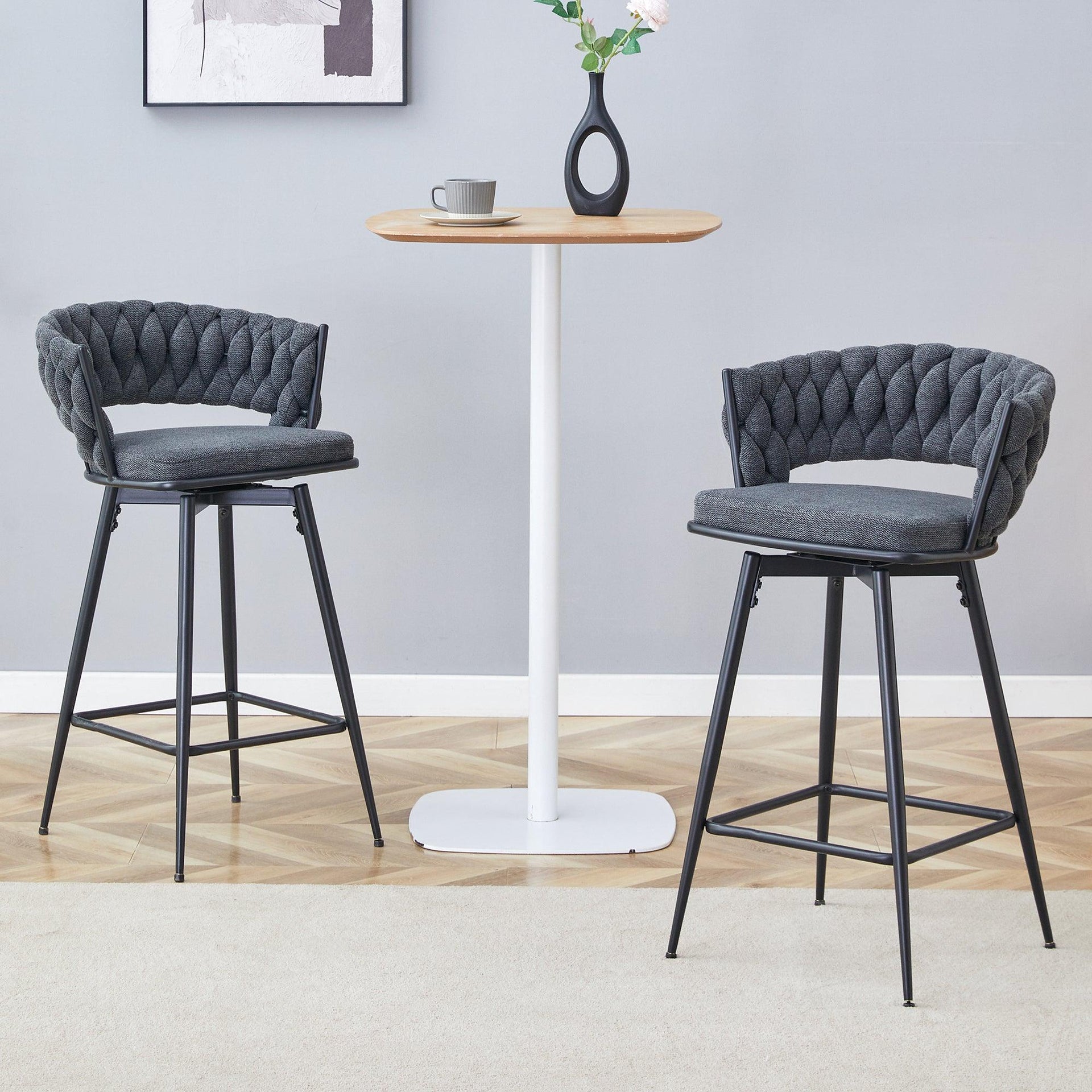 2 Set of Rotating Barstools With Breathable Cotton and Linen Soft Cushions