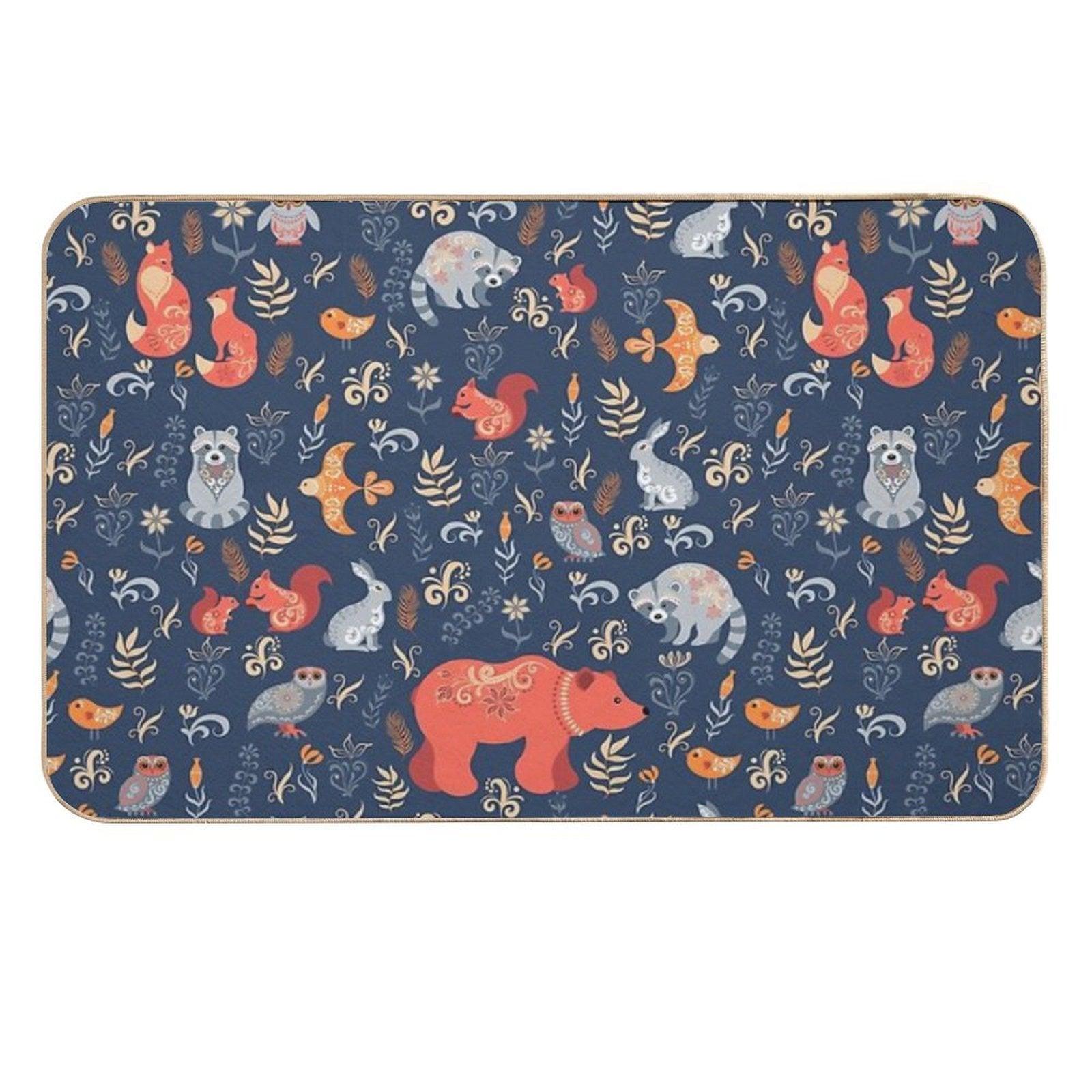 Fairy-tale Forest. Fox, Bear, Raccoon, Owls, Rabbits, Flowers And Herbs on A Blue Background.  Stain-Proof Bath Mat