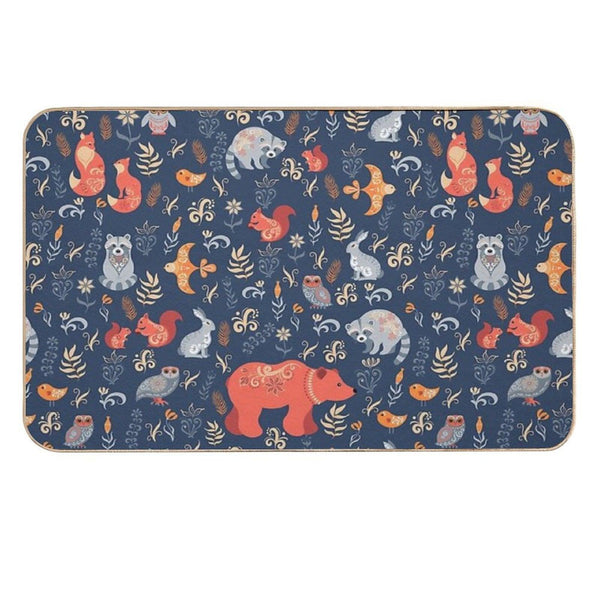 Fairy-tale Forest. Fox, Bear, Raccoon, Owls, Rabbits, Flowers And Herbs on A Blue Background.  Stain-Proof Bath Mat