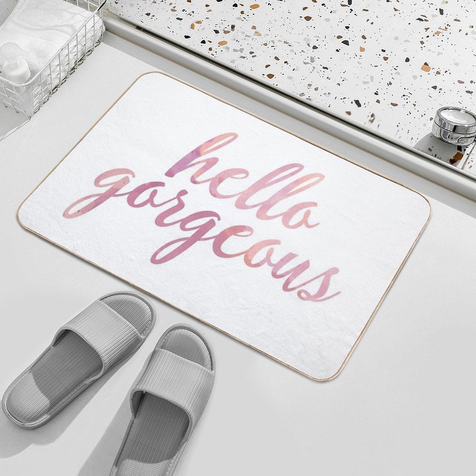 Hello Gorgeous in Pink Watercolor Bath Mat