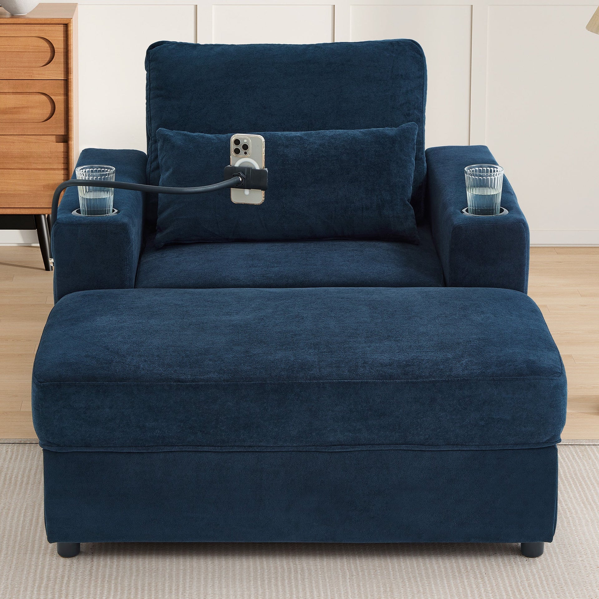 Modern Style Armchair Chaise Lounge  with Movable Storage Ottoman, USB Ports, and Cup Holders