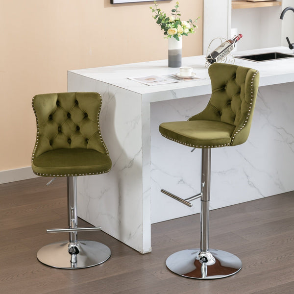 Modern Velvet Swivel Barstools with Adjustable Seat Height and Chrome Base