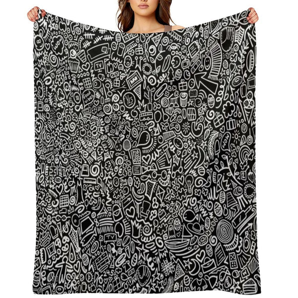 Hidden Images Doodle Art on Black Machine-washable Throw Blanket