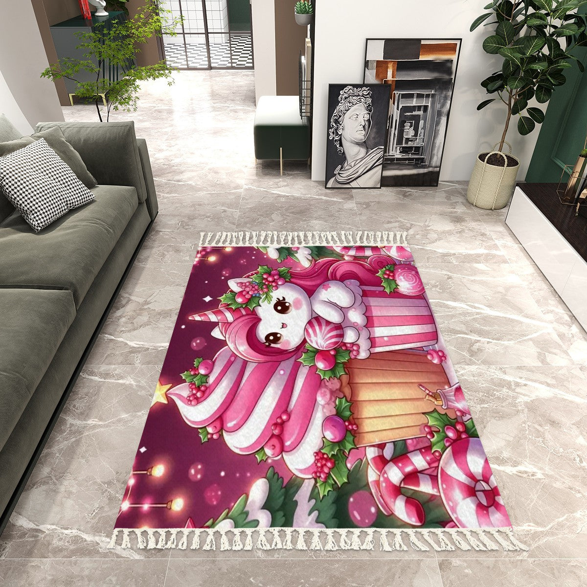 Christmas pink unicorn Area Rug with Tassels (8:5) ChristmasLoving.Shop