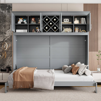 Queen Size Murphy Bed Wall Bed with Top Cabinets & Wine Rack ,Gray(OLD SKU:LP000879AAE)