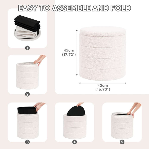 Round Storage Ottoman With Tray White VelvetFabric