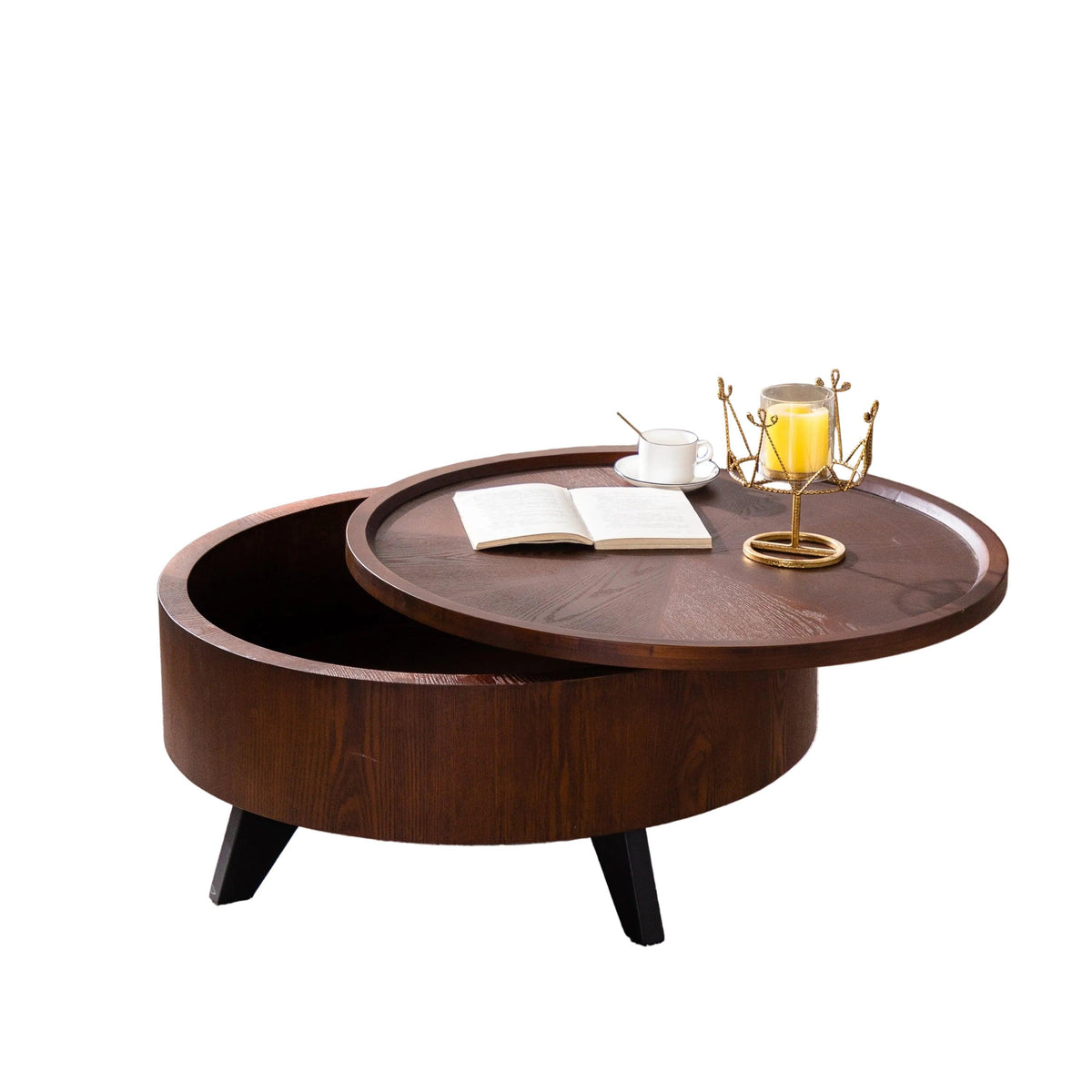 Mid-Century Modern Flip-Top Round Walnut Coffee Table with Hidden Storage