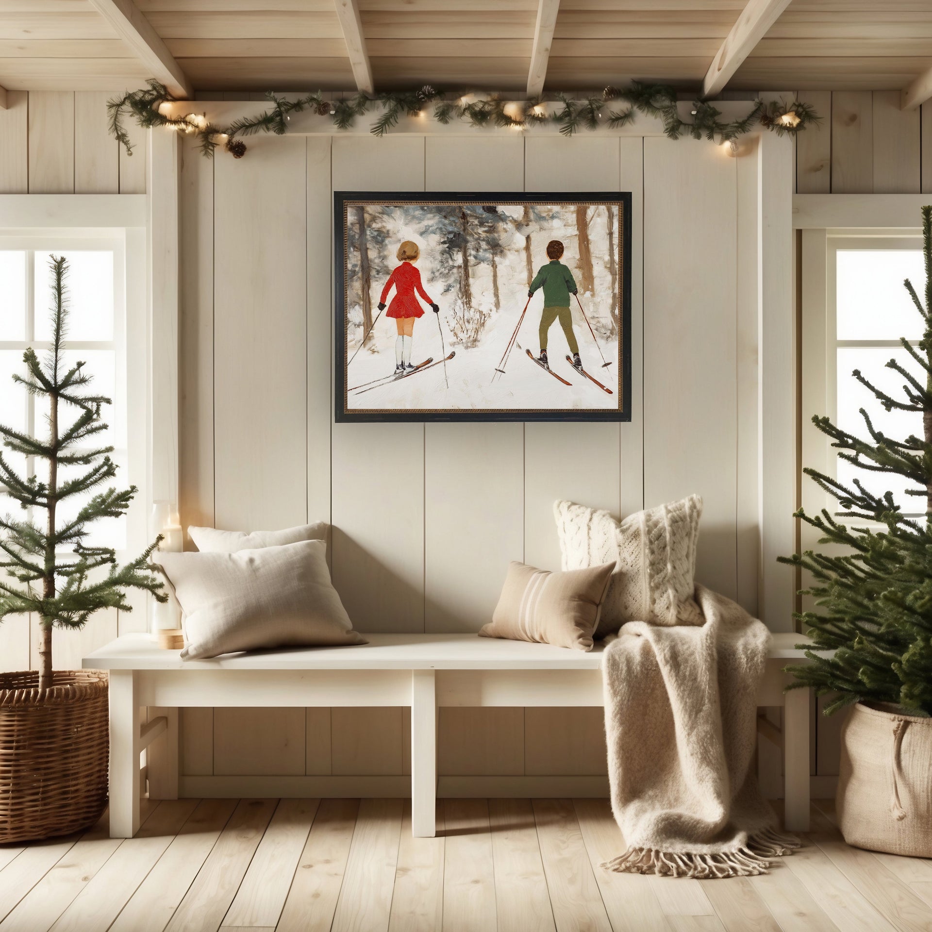 Vintage Oil Painting of Boy and Girl Skiing
