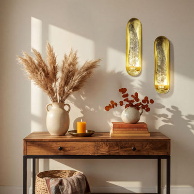 Gold Wall Candle Sconces - Set of 2 Feather Design Vintage Decorative Holders