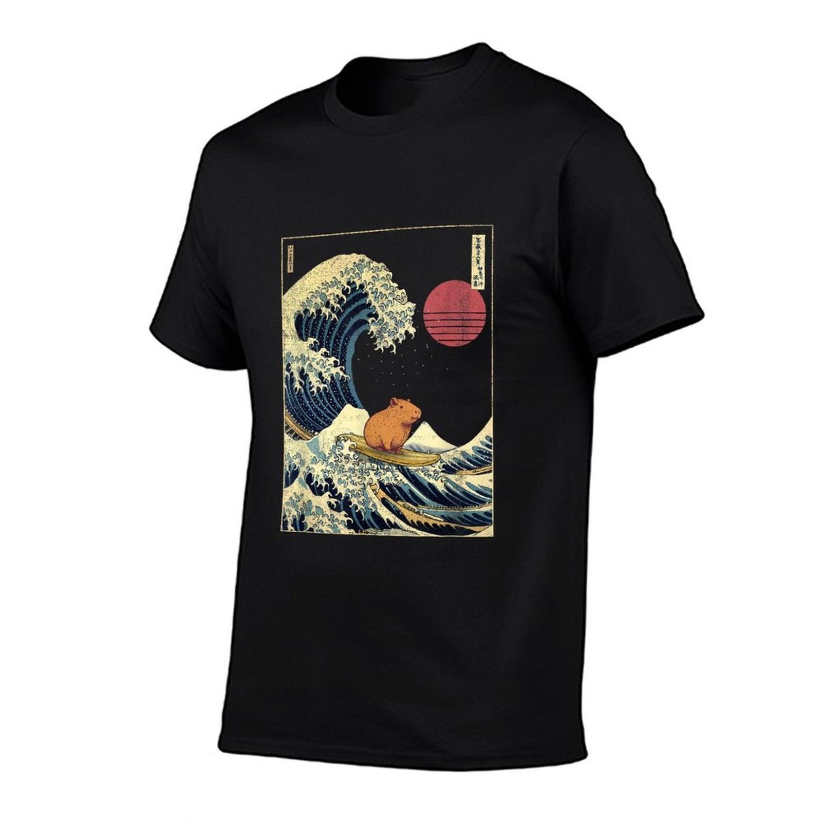 Capybara Japanese Kanagawa Wave Funny Surf Animal  Easy-care T-Shirt
