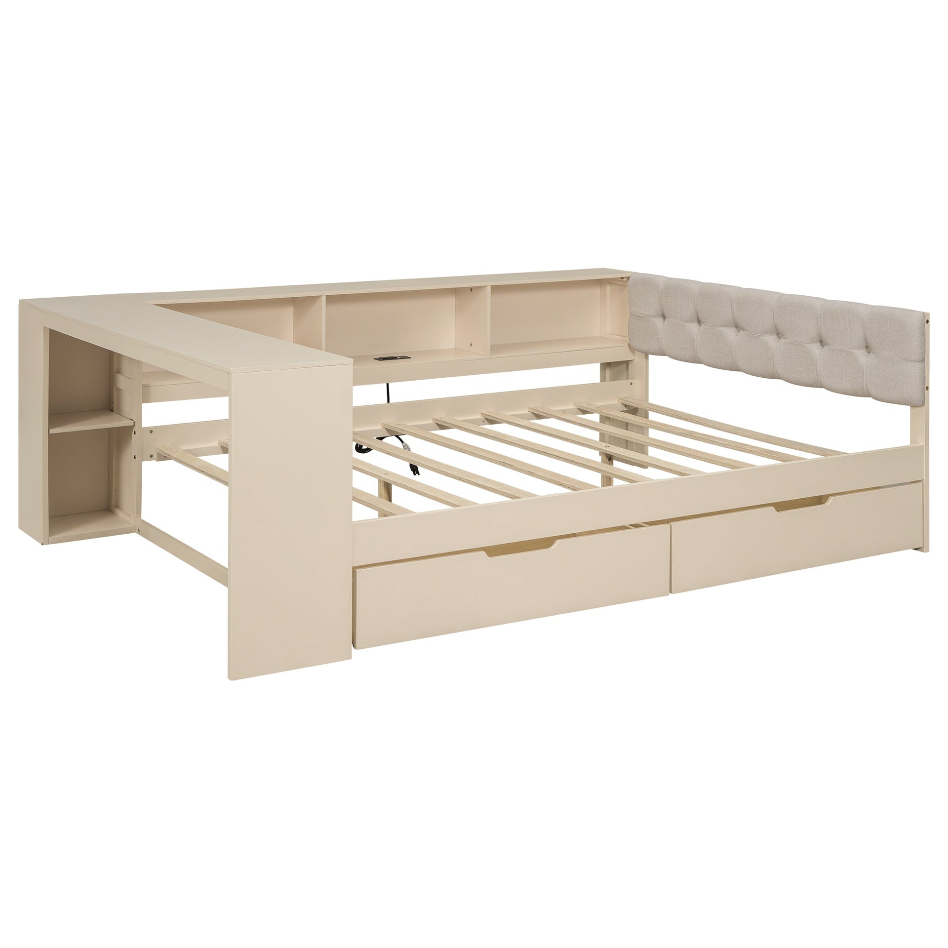 Wood Full Size Platform Bed with Storage Shelves, Drawers, Charging Station and Upholstered Headboard