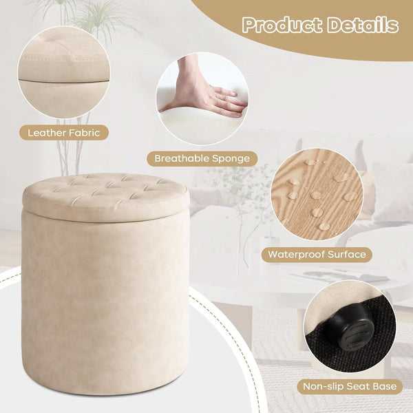 Premium Faux Leather Circular Ottoman With Storage