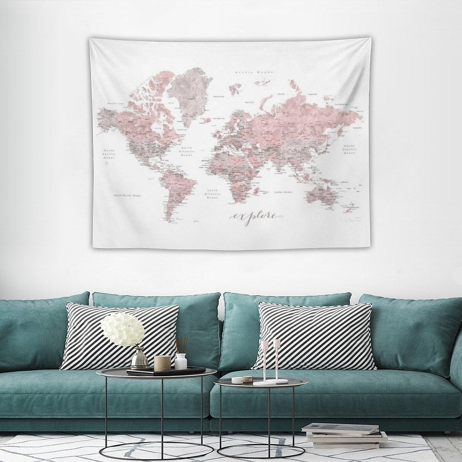 Explore - Dusty Pink And Grey Watercolor World Map, Detailed Tapestry