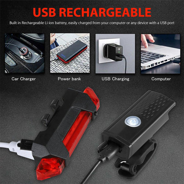 Bike Bicycle Light USB LED Rechargeable Set Mountain Cycle Front Back Headlight Lamp Flashlight USB Rechargeable Bike Light Set Bike Headlight Tail Light For Night Riding