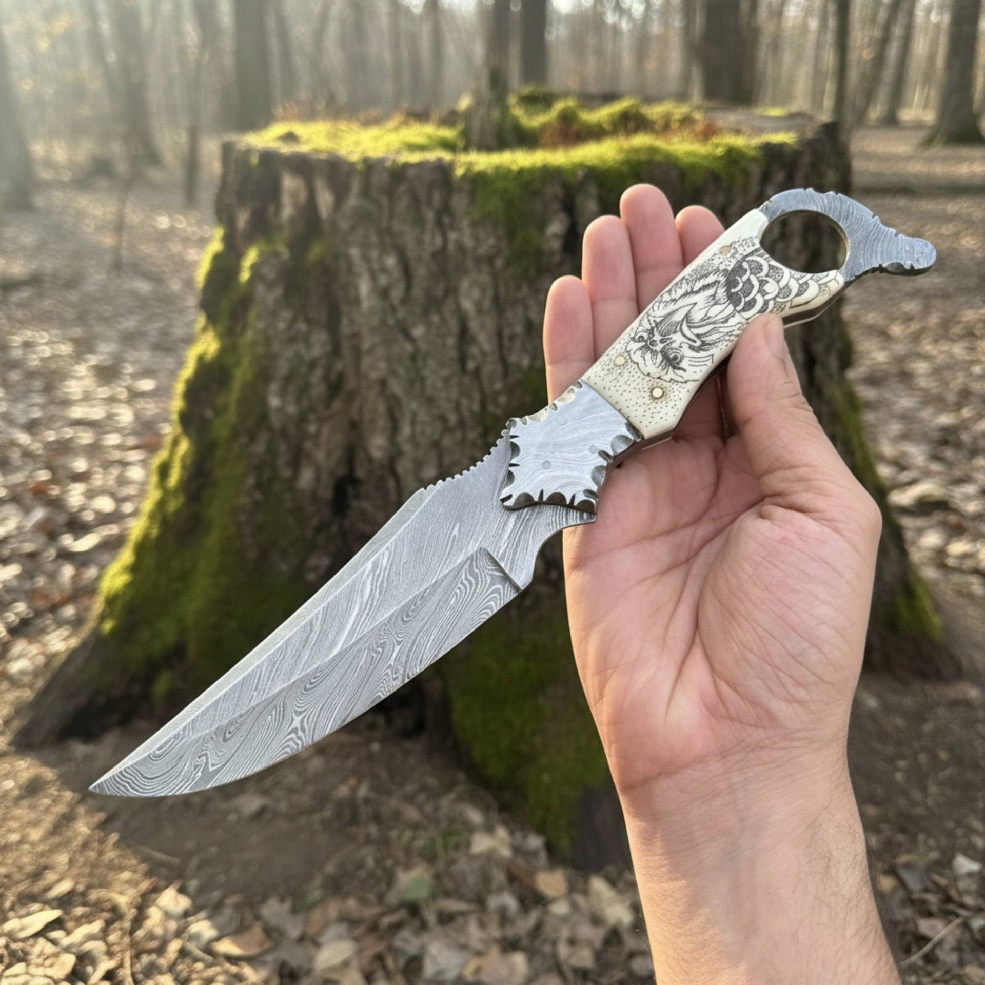 Biker Ringtail Knife Damascus Camel Bone EDC
