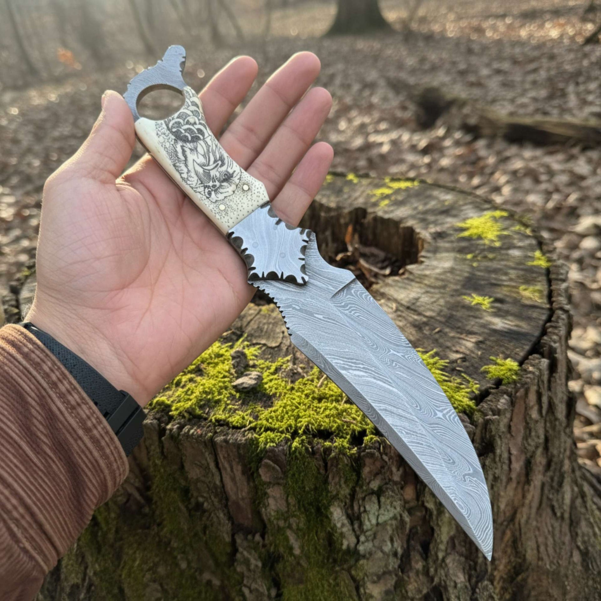 Biker Ringtail Knife Damascus Camel Bone EDC