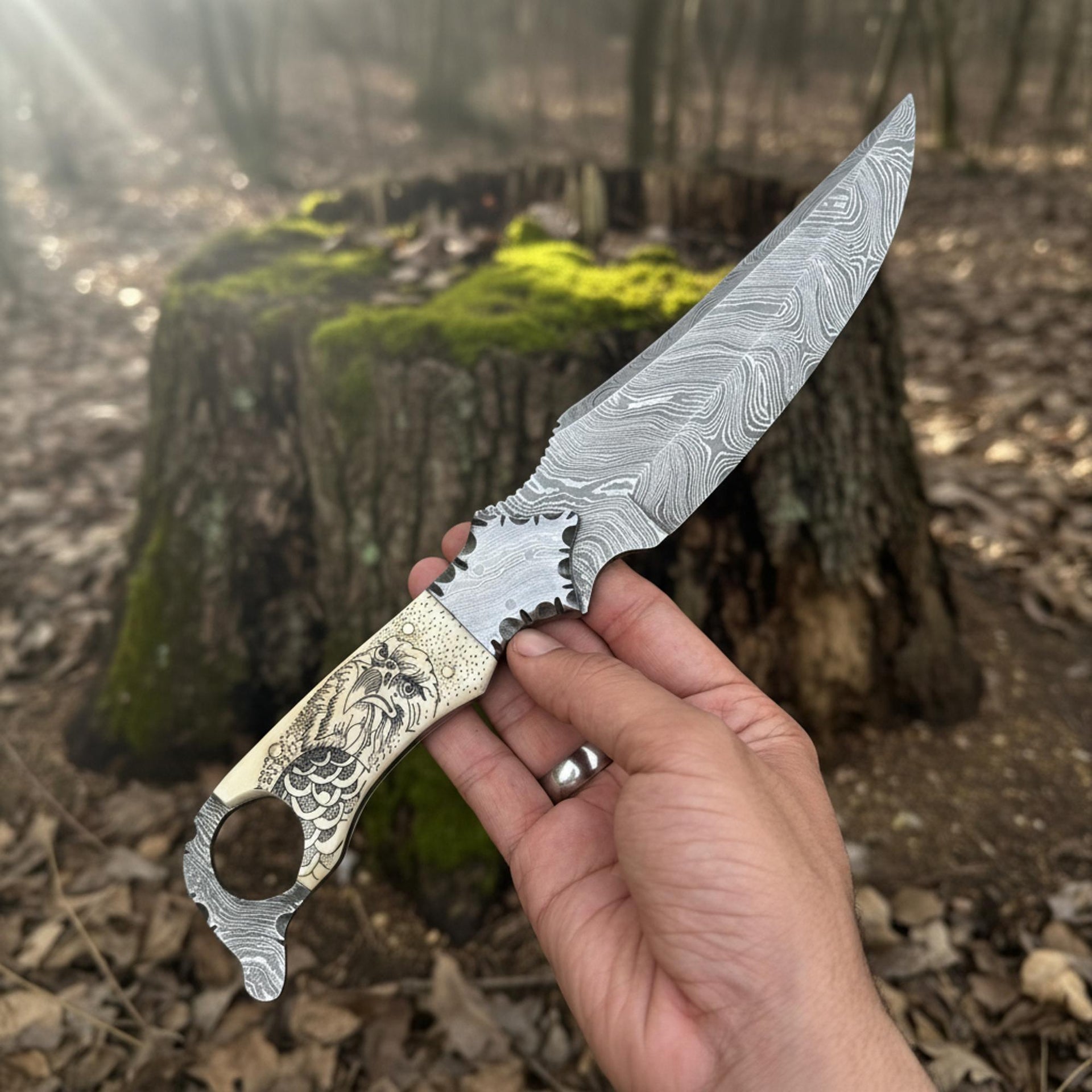 Biker Ringtail Knife Damascus Camel Bone EDC