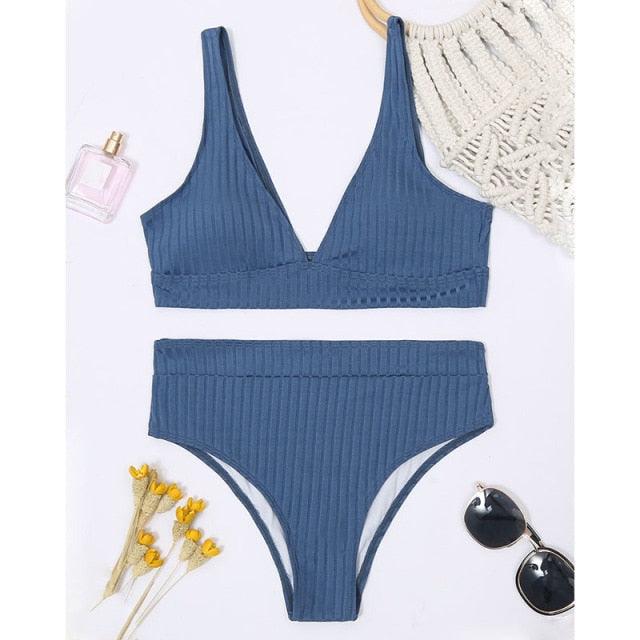 Bikini High Waist Swimwear Women's Swimsuits Push Up Ribbed Bathing Suits Black V-Neck Bikinis Set  High Waist Tummy Control Bathing Suits For Women Deep V Neck Black Comfortable Beachwear