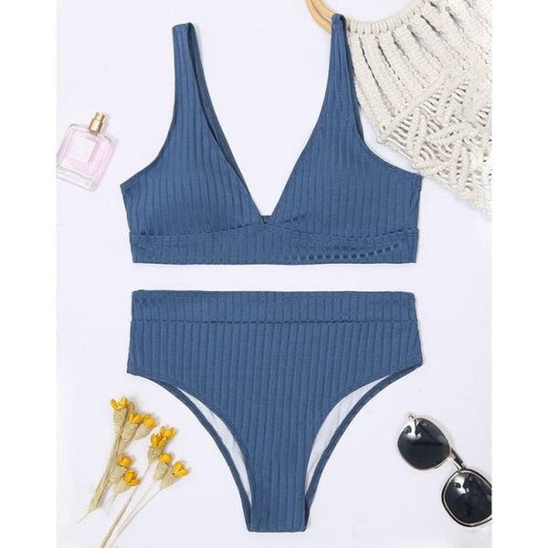 Bikini High Waist Swimwear Women's Swimsuits Push Up Ribbed Bathing Suits Black V-Neck Bikinis Set  High Waist Tummy Control Bathing Suits For Women Deep V Neck Black Comfortable Beachwear