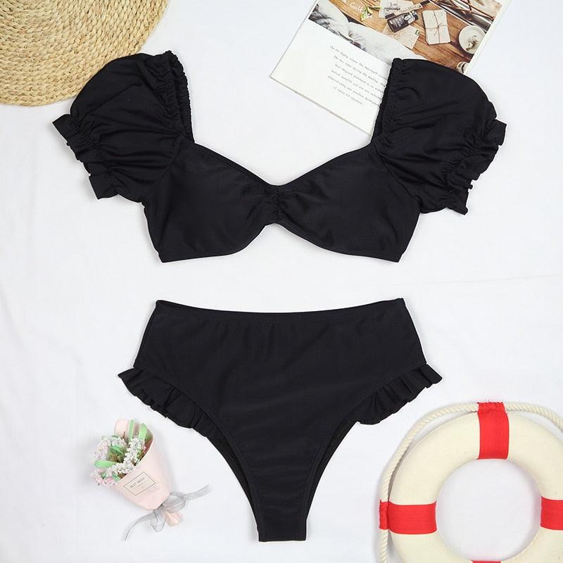 Bikini New 2 Piece Women Swimsuit Women's High Waist Bikini Set Fashion Puff Sleeve Swimwear Set Bathing Suits Solid Color Short Puff Sleeve Summer High Waist Cut Backless Bathing Suit Beachwear