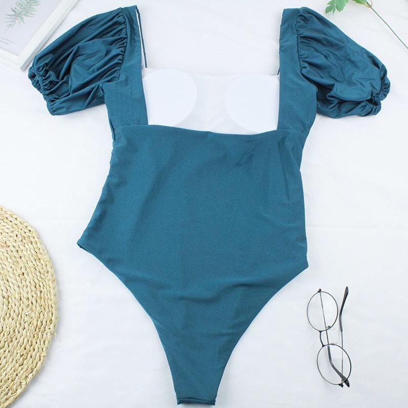 Bikini New 2 Piece Women Swimsuit Women's High Waist Bikini Set Fashion Puff Sleeve Swimwear Set Bathing Suits Solid Color Short Puff Sleeve Summer High Waist Cut Backless Bathing Suit Beachwear