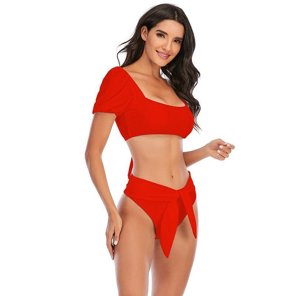 Bikini New 2 Piece Women Swimsuit Women's High Waist Bikini Set Fashion Puff Sleeve Swimwear Set Bathing Suits Solid Color Short Puff Sleeve Summer High Waist Cut Backless Bathing Suit Beachwear
