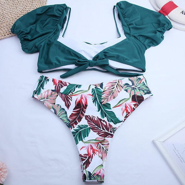 Bikini New 2 Piece Women Swimsuit Women's High Waist Bikini Set Fashion Puff Sleeve Swimwear Set Bathing Suits Solid Color Short Puff Sleeve Summer High Waist Cut Backless Bathing Suit Beachwear