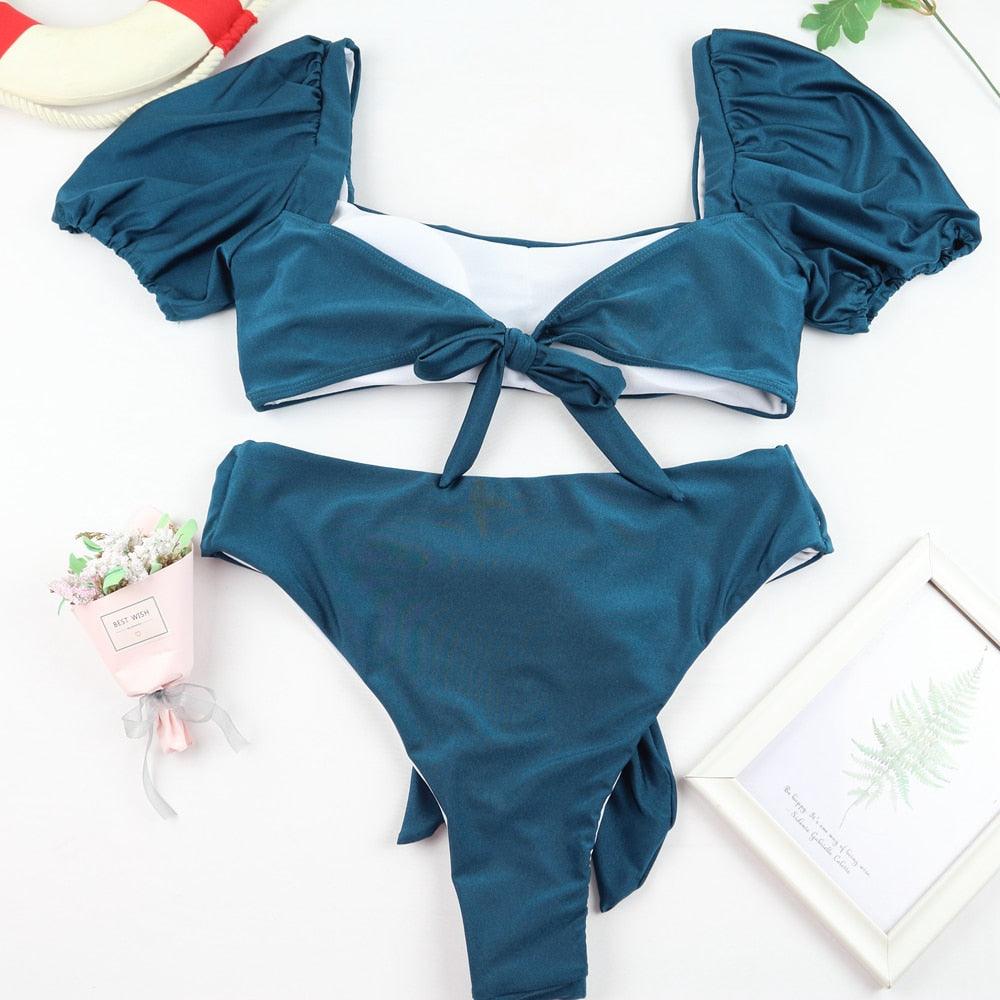 Bikini New 2 Piece Women Swimsuit Women's High Waist Bikini Set Fashion Puff Sleeve Swimwear Set Bathing Suits Solid Color Short Puff Sleeve Summer High Waist Cut Backless Bathing Suit Beachwear